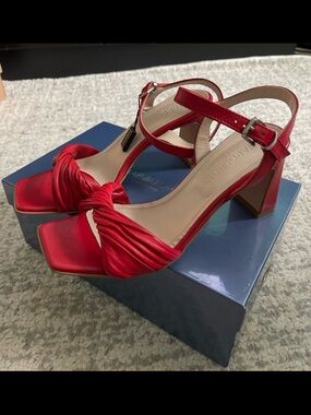 Napoleoni Red Knot Front Ankle Strap Block Heel Sandals - Women